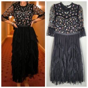 Ivy City Co Size M Paris Dress In Black 3/4 Sleeve Ruffle Multicolor Sequins